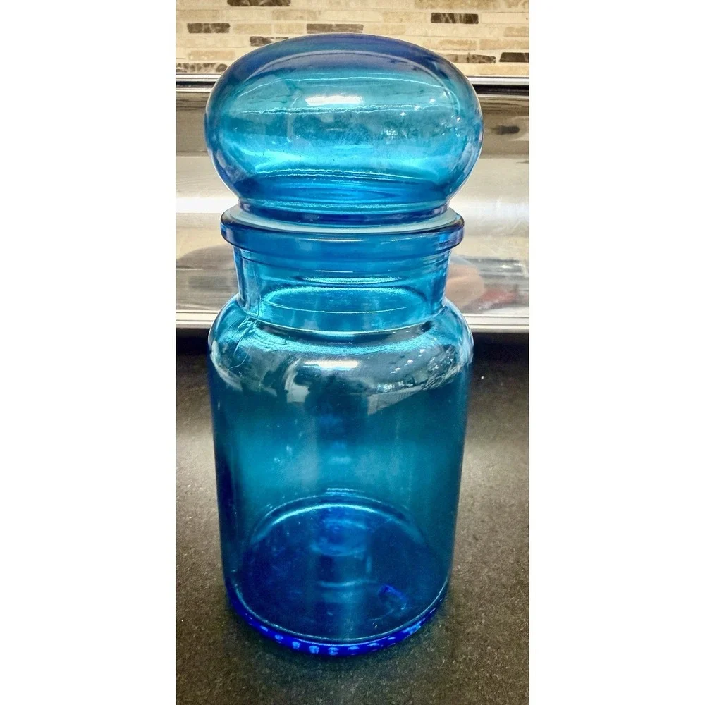 Vintage Blue Apothecary Glass Jar Bubble Lid Canister 8.75